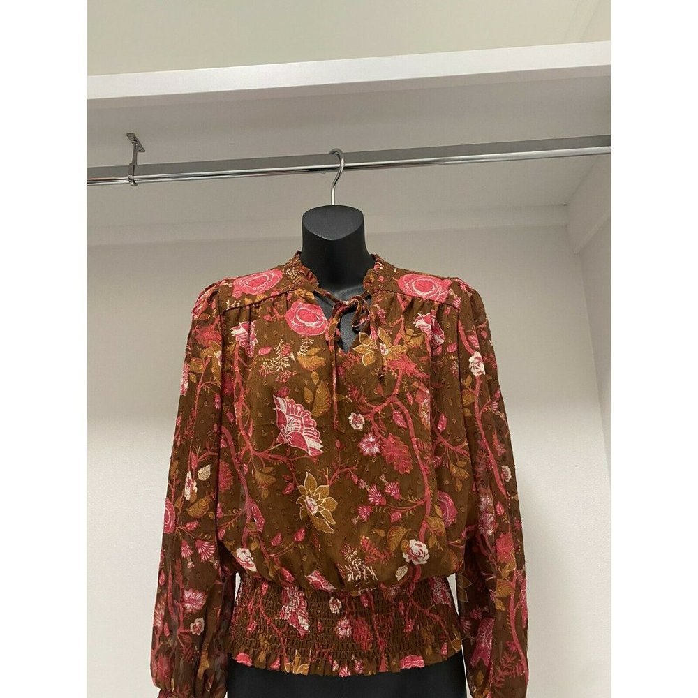 JOIE Pink And Brown Floral Polyester Smocked Hem Blouse Women’s XS NWT